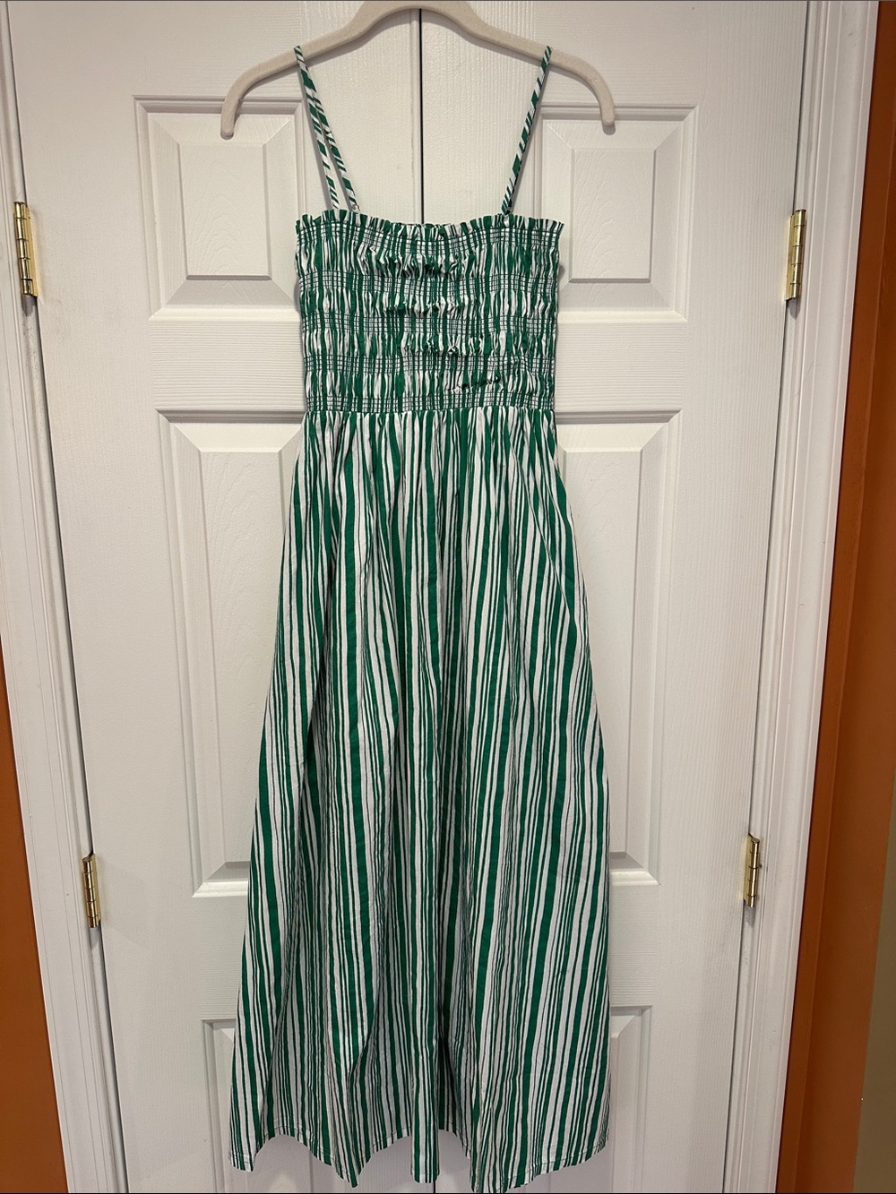 LOFT Green and White Striped Smocked Sundress size XS